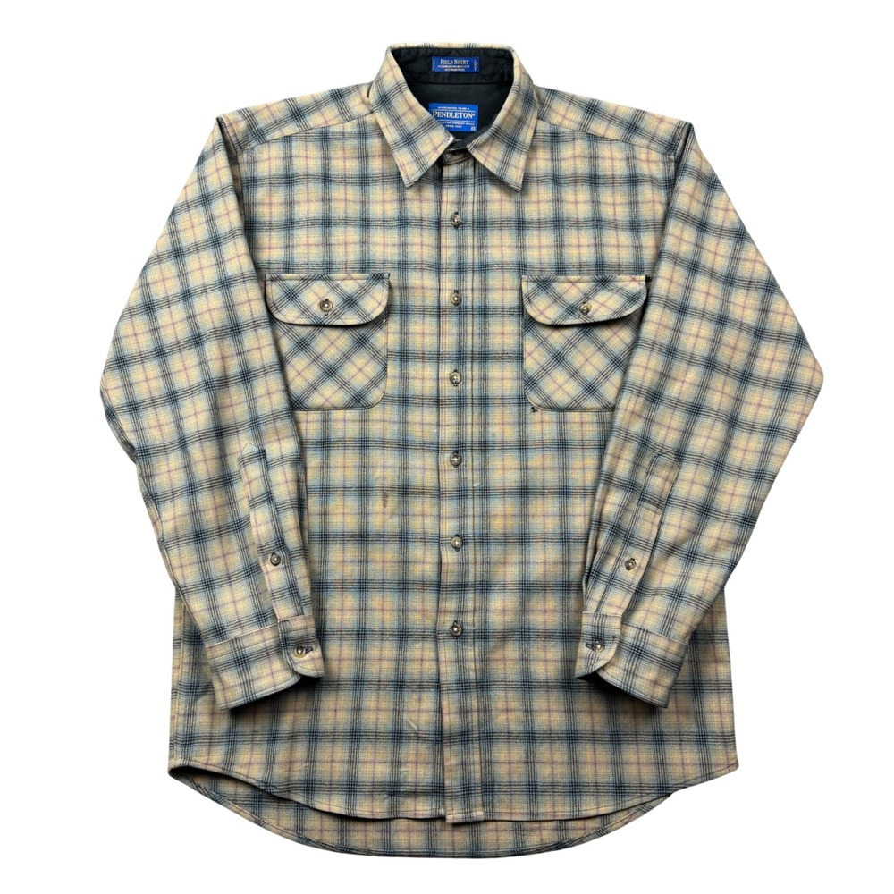 Pendleton Field Shirt Mens Medium Tan Blue Plaid‎ 100% Virgin Wool Button Down